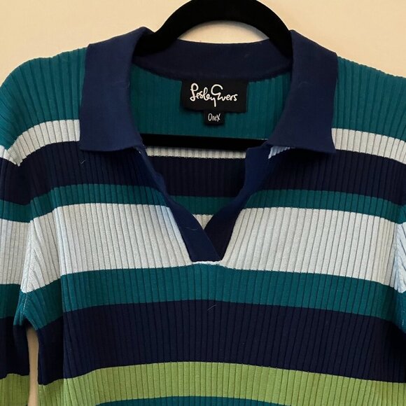 Green and Blue Striped Collared Sweater - Picture 3 of 7